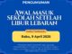 PENGUMUMAN AWAL MASUK SEKOLAH SETELAH LIBUR IDUL FITRI 1446 H
